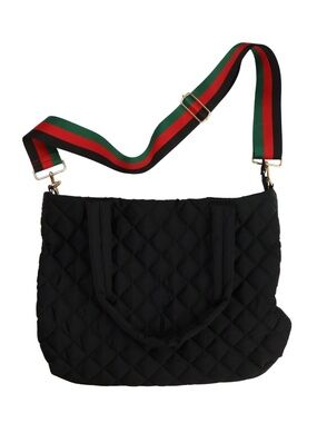 ah-dorned Black Quilted Oversized Tote Bag Striped Strap Copy